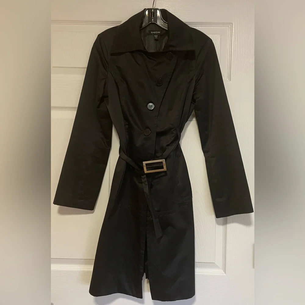 BEBE Black Belted Trench Coat Super Unique and Versatile Size Medium. - Picture 2 of 6